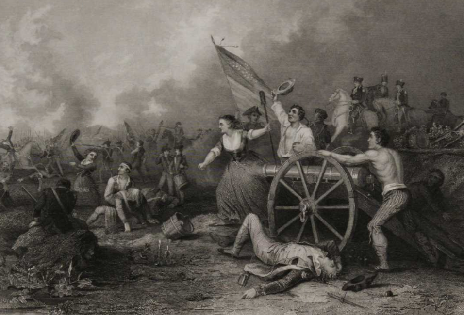 The Age of Revolutions: 1775–1804 (Drawing of the battle of Monmouth - Men and women in battle with a man shooting a cannon and a flag in the background)