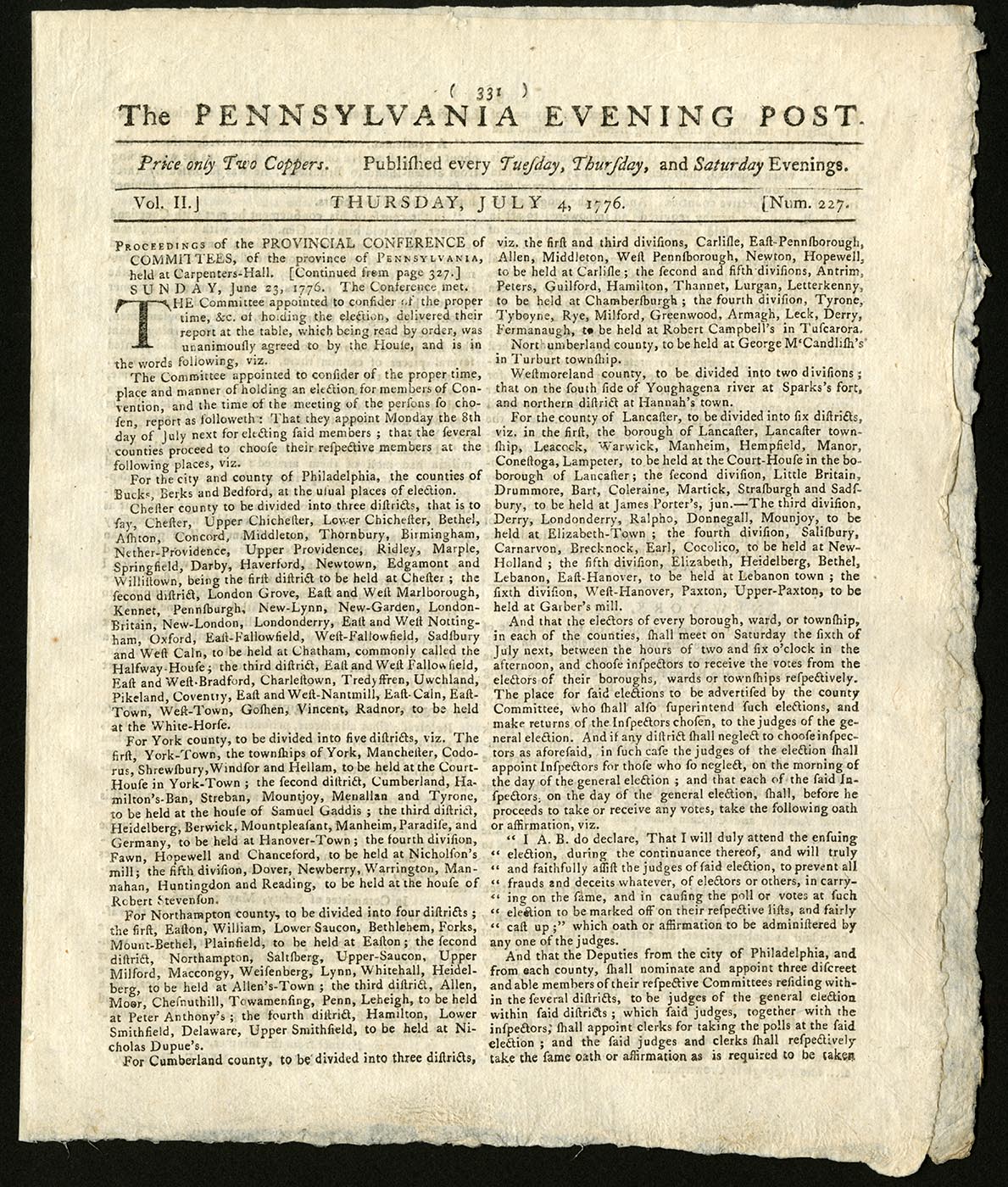The Pennsylvania Evening Post, July 4, 1776 (The Gilder Lehrman Institute, GLC03235.228)