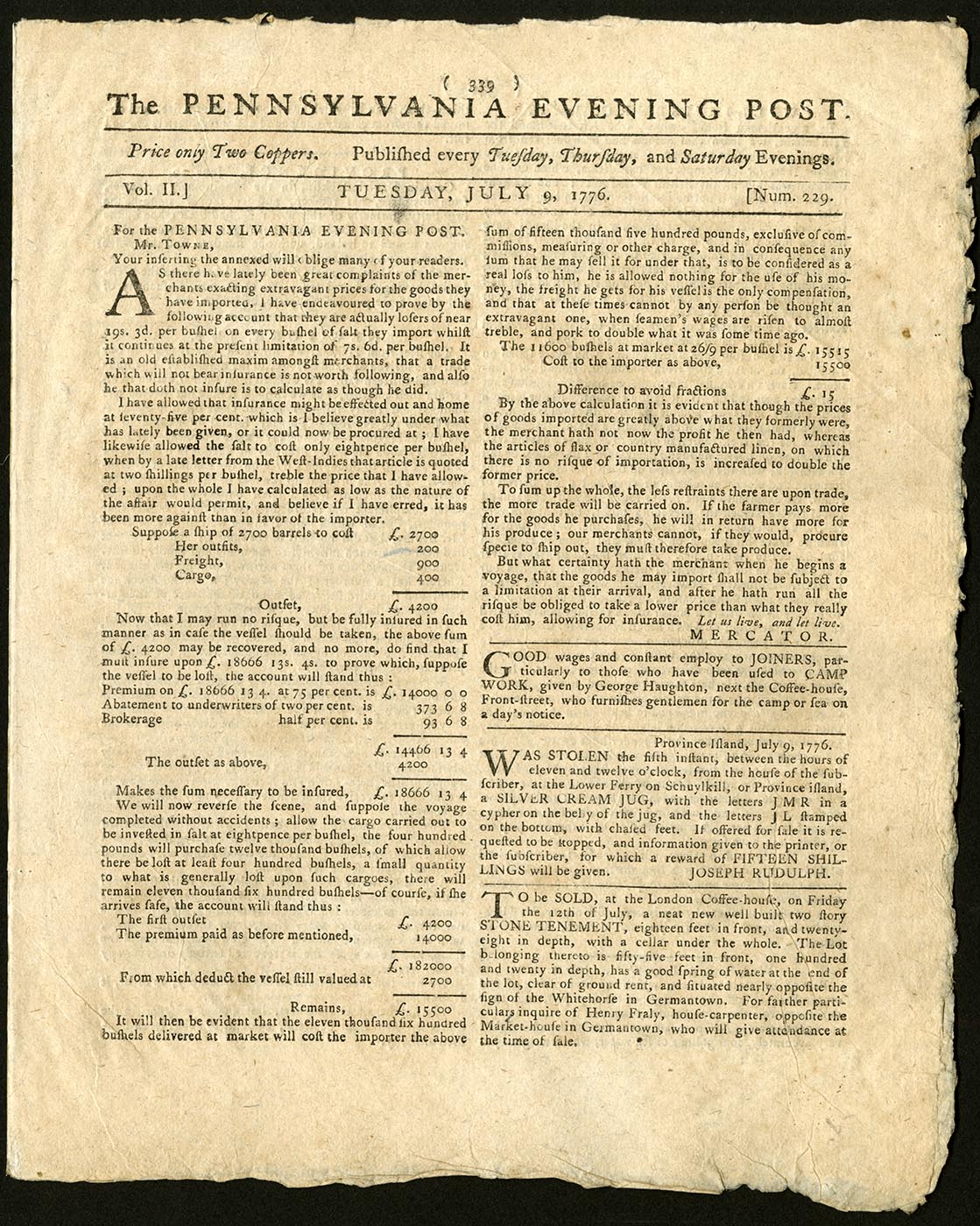 The Pennsylvania Evening Post, July 9, 1776 (The Gilder Lehrman Institute, GLC03235.229)
