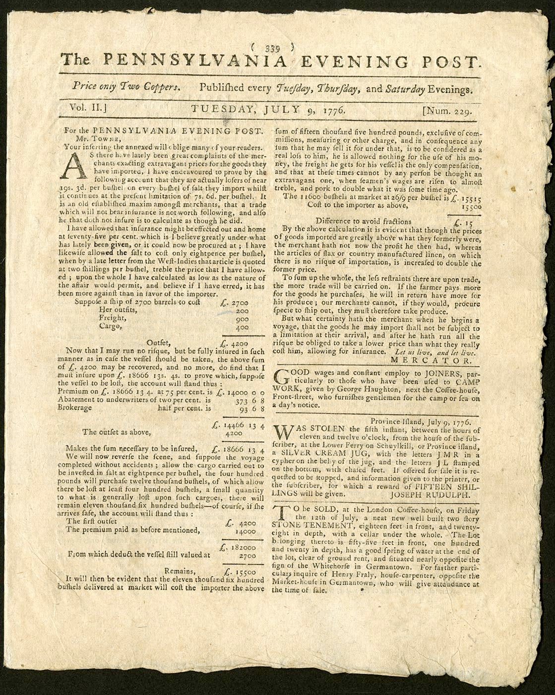 The Pennsylvania Evening Post, July 9, 1776 (The Gilder Lehrman Institute, GLC03235.229)