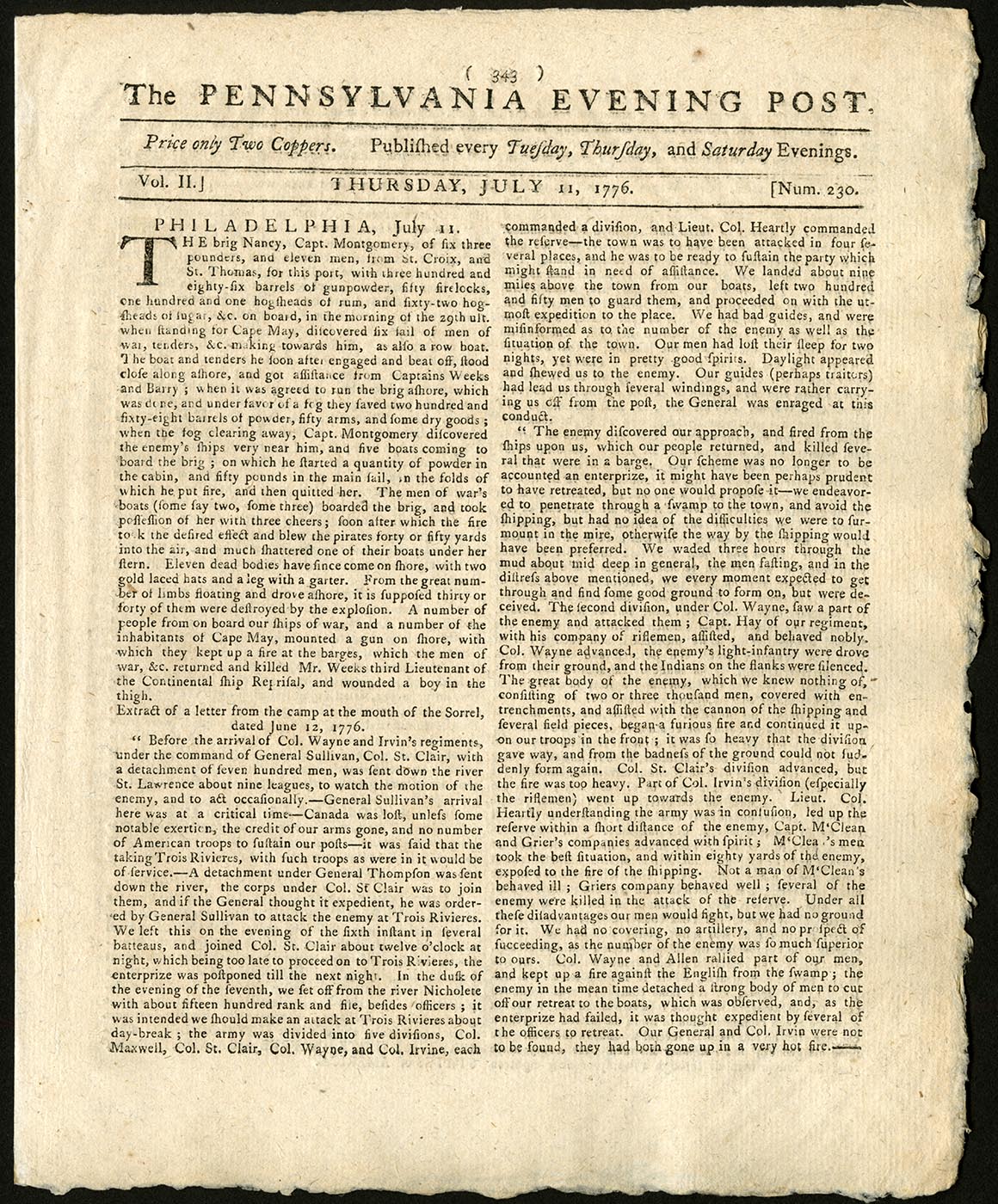 The Pennsylvania Evening Post, July 11, 1776 (The Gilder Lehrman Institute, GLC03235.230)