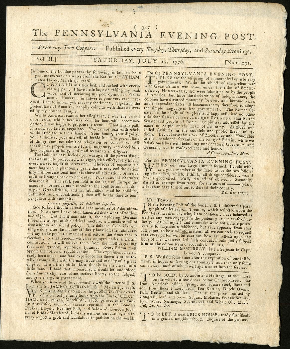 The Pennsylvania Evening Post, July 13, 1776 (The Gilder Lehrman Institute, GLC03235.231)