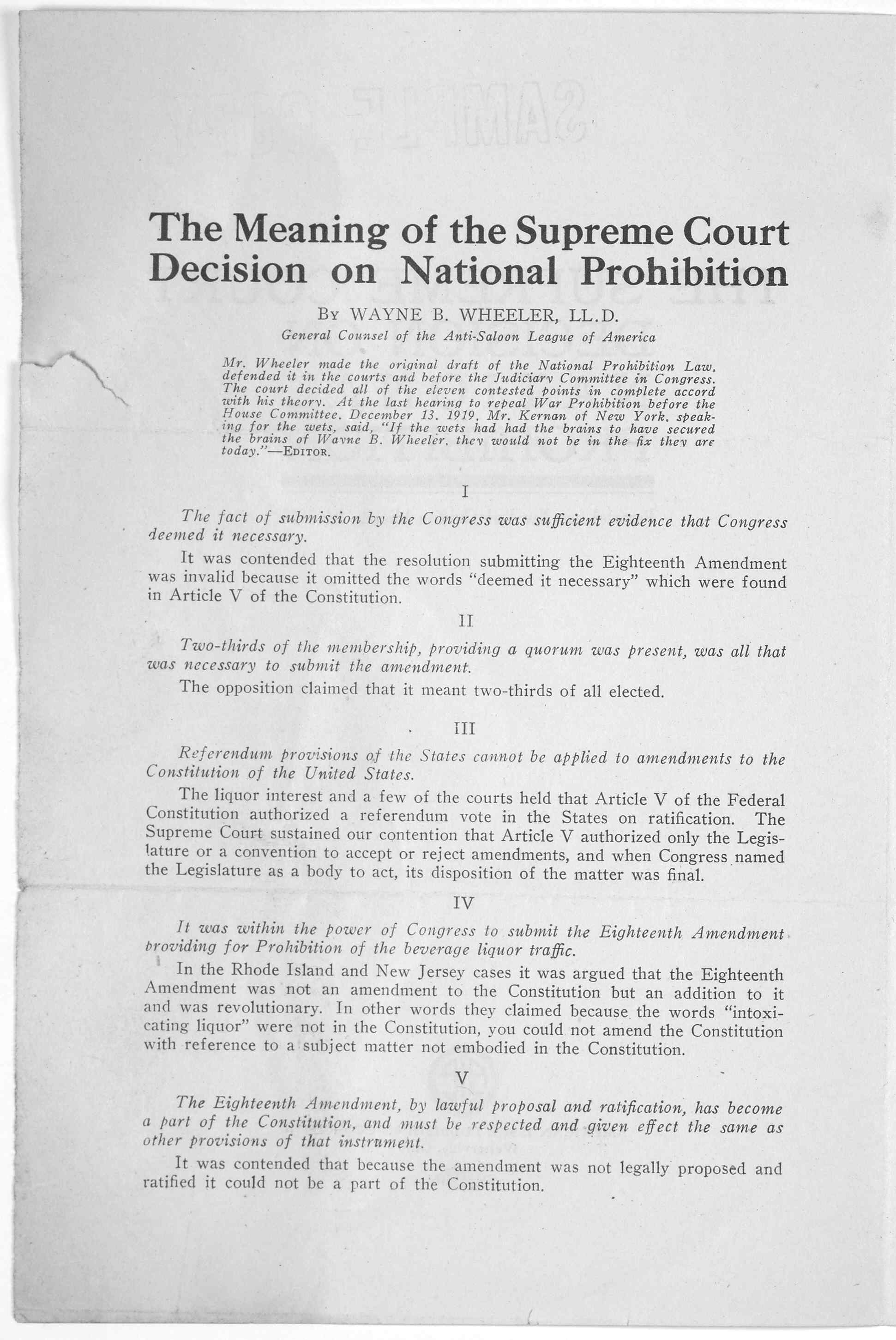 Wayne B. Wheeler, The Supreme Court Decision on National Prohibition. Reprinted from New York Christian Advocate, July 1920. (Westerville, Ohio: American Issue Publishing Company, [1920]), page 2. Library of Congress Printed Ephemera Collection, Portfolio 138, Folder 24a, http://hdl.loc.gov/loc.rbc/rbpe.1380240a