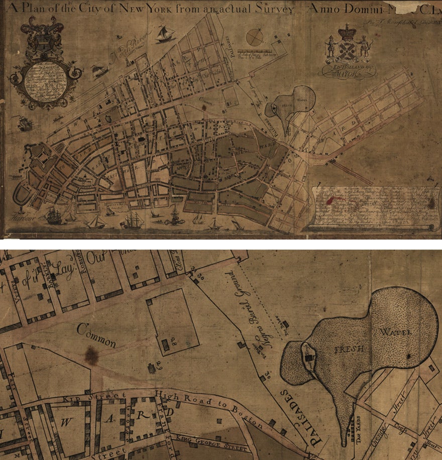 A Plan of the City of New York from an Actual Survey by Francis Maerschalck and G. Duyckinck, [New York, 1755]. The detail below shows the "Negros Burial Ground" just outside the city palisade. (Library of Congress)