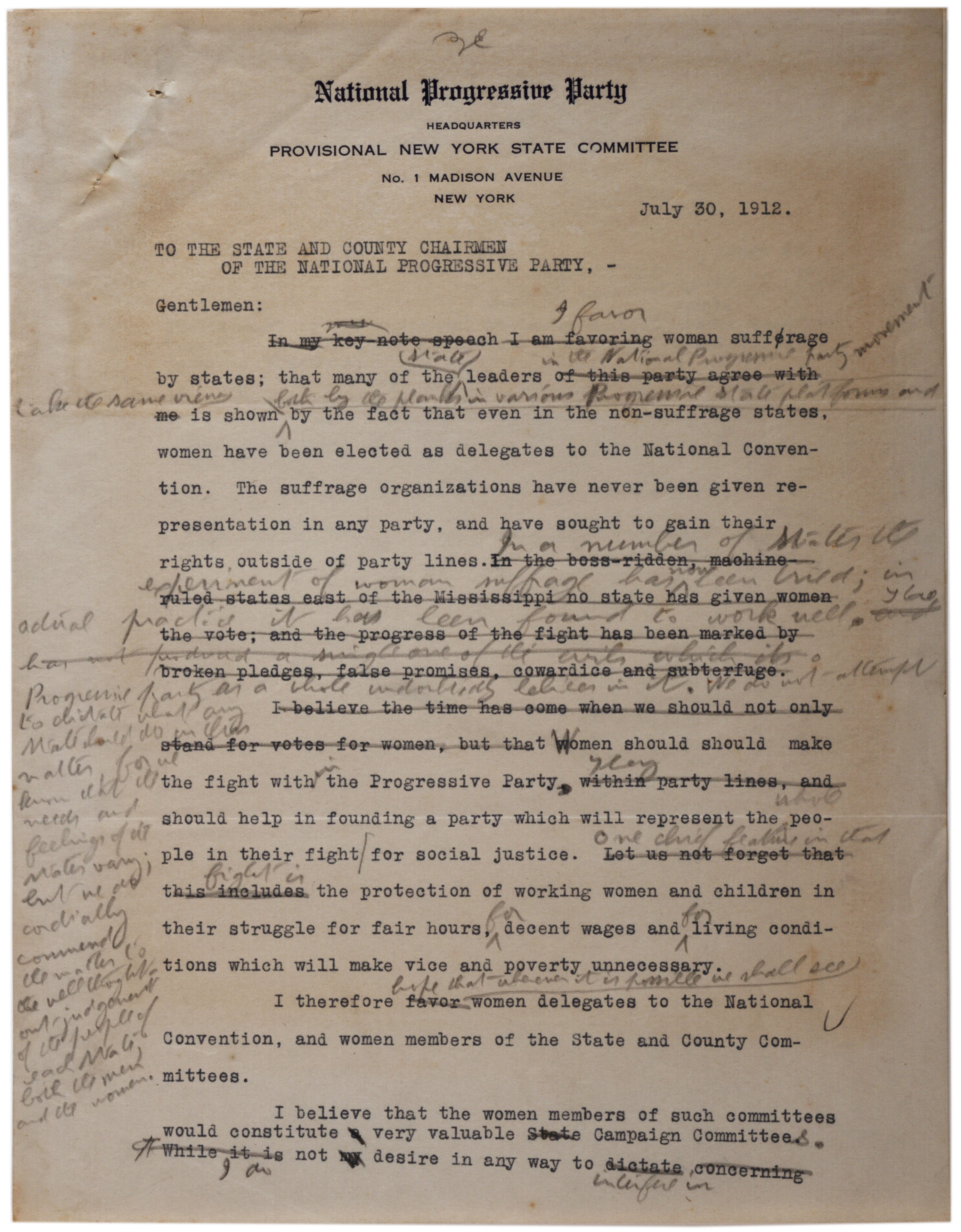 Theodore Roosevelt to State and County Chairmen of the Progressive Party, July 30, 1912. (The Gilder Lehrman Institute, GLC07818)