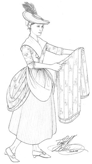 Illustration based on a runaway notice for a young enslaved woman named Jenny from the "New York Journal," December 17, 1782: Jenny, “a yellow Negro Girl,” wears a chintz gown “with a large ﬂower and yellow stripes,” a pink coloured moreen petticoat, a “new black peeling bonnet,” under “a chip hat trimmed with gauze and feathers,” a white apron, and a “pair of blue worsted shoes with white heels”; she carries a piece of “new stamped linen, a purple ﬂower and stripe ... She is very fond of dress … she has gone either to New York or Baltimore.” (Illustration by Eric H. Schnitzer)