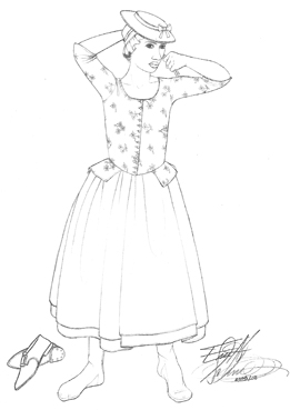 Illustration based on a runaway notice for a young enslaved woman named Rachel from Purdy and Dixon's "Virginia Gazette," February 10, 1775: Rachel, a “Negro Woman … about 22 Years of age” wears two petticoats, “a blue and white flowered Linen Waistcoat, and a Felt Hat … and is apt to change her name.” (Illustration by Eric H. Schnitzer)