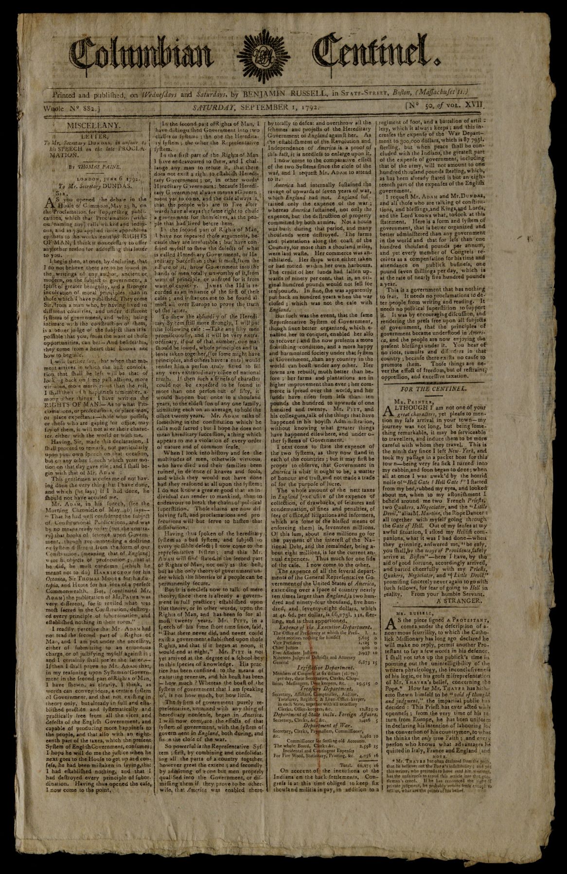 The Columbian Centinel, September 1, 1792 (The Gilder Lehrman Institute, GLC00281)