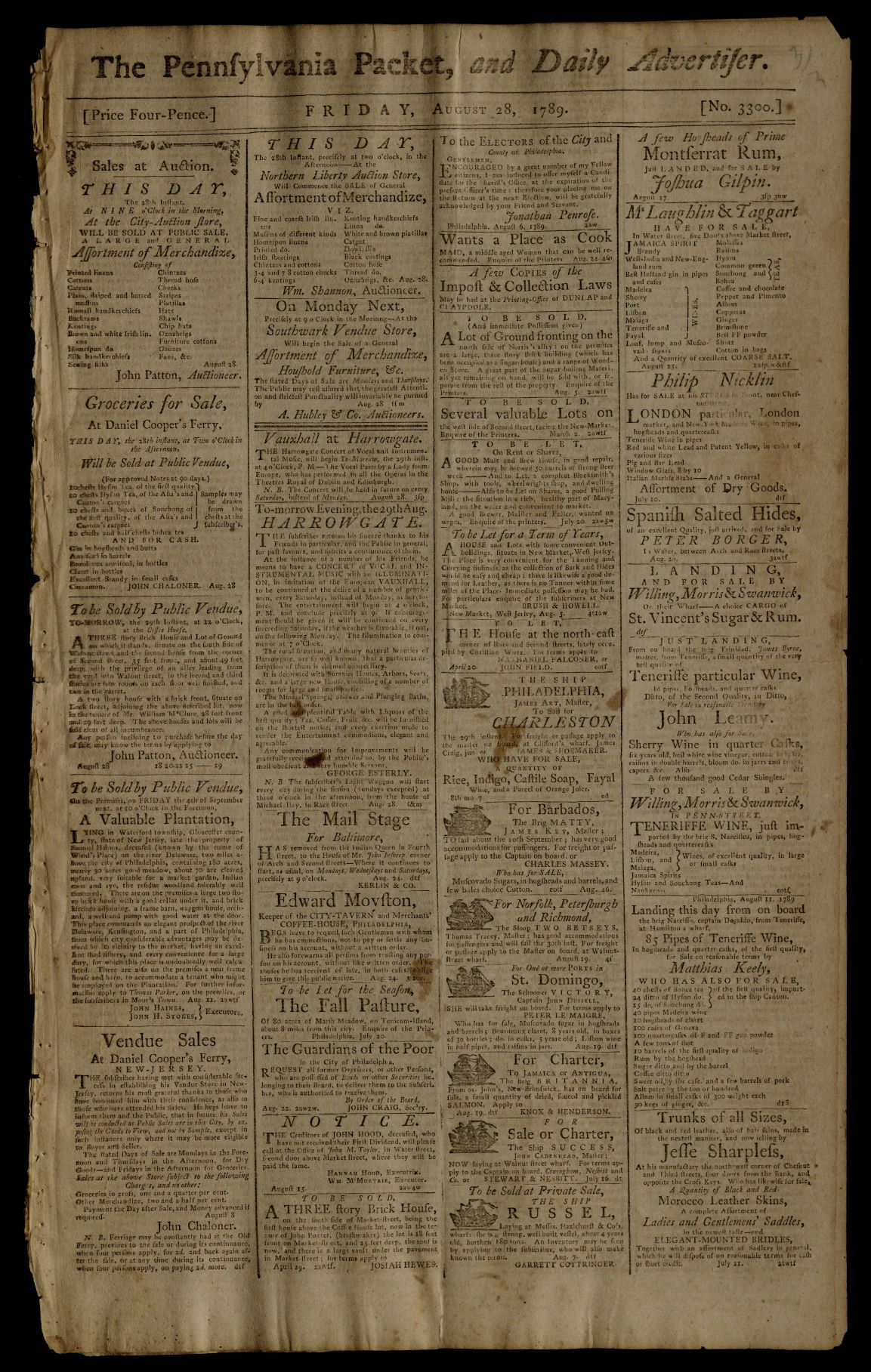 The Pennsylvania Packet and Daily Advertiser, August 28, 1789 (The Gilder Lehrman Institute, GLC01129)