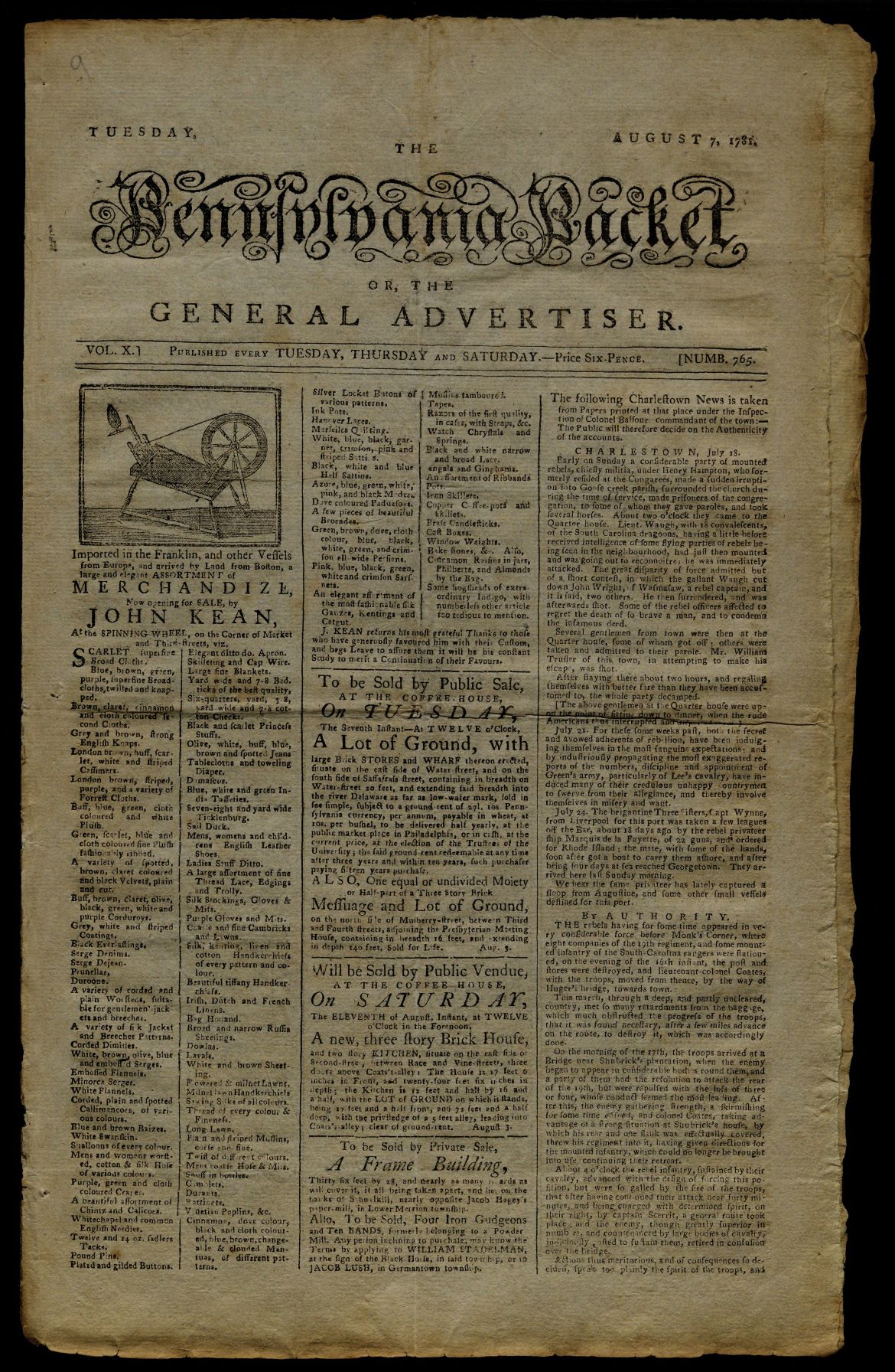 Pennsylvania Packet or, The General Advertiser, August 7, 1781 (The Gilder Lehrman Institute, GLC03129)