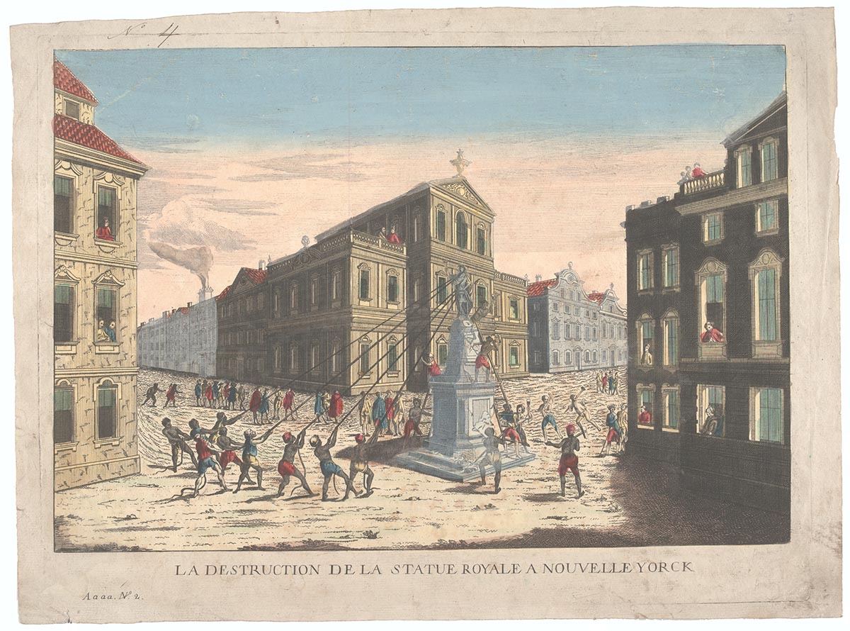 Print of colonists destroying a statue of King George III in New York, created by Francois Habermann around 1776. Printed in Germany, this image represents the overthrow of the monarchy and the impact of the American Revolution on European countries. (The Gilder Lehrman Institute, GLC06952)