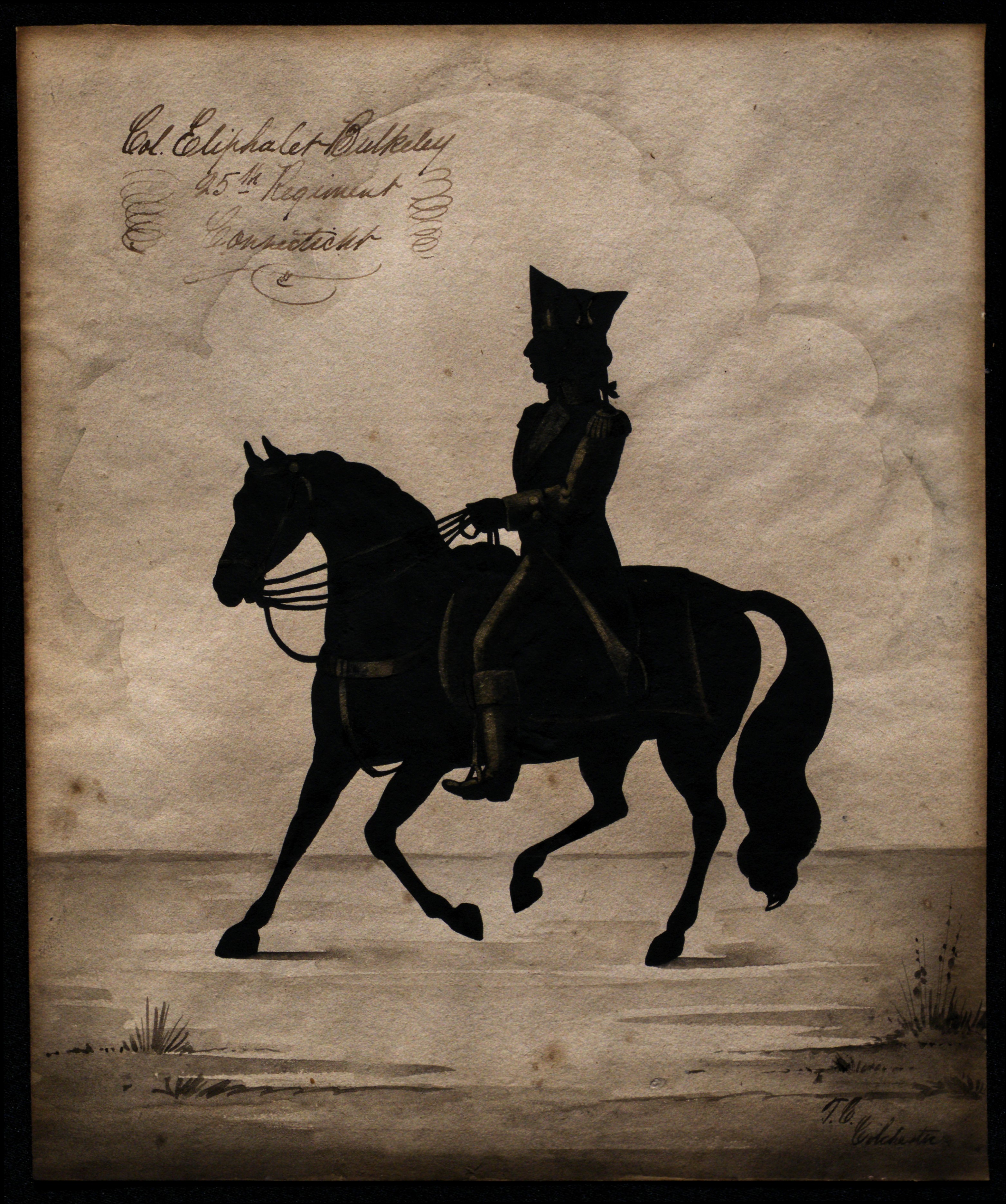 Silhouette image of Colonel Eliphalet Bulkeley on horseback, created by T.C. Colchester between 1770 and 1780. Bulkeley served in the 25th Connecticut Regiment in the Revolutionary War. (The Gilder Lehrman Institute, GLC01450.041)