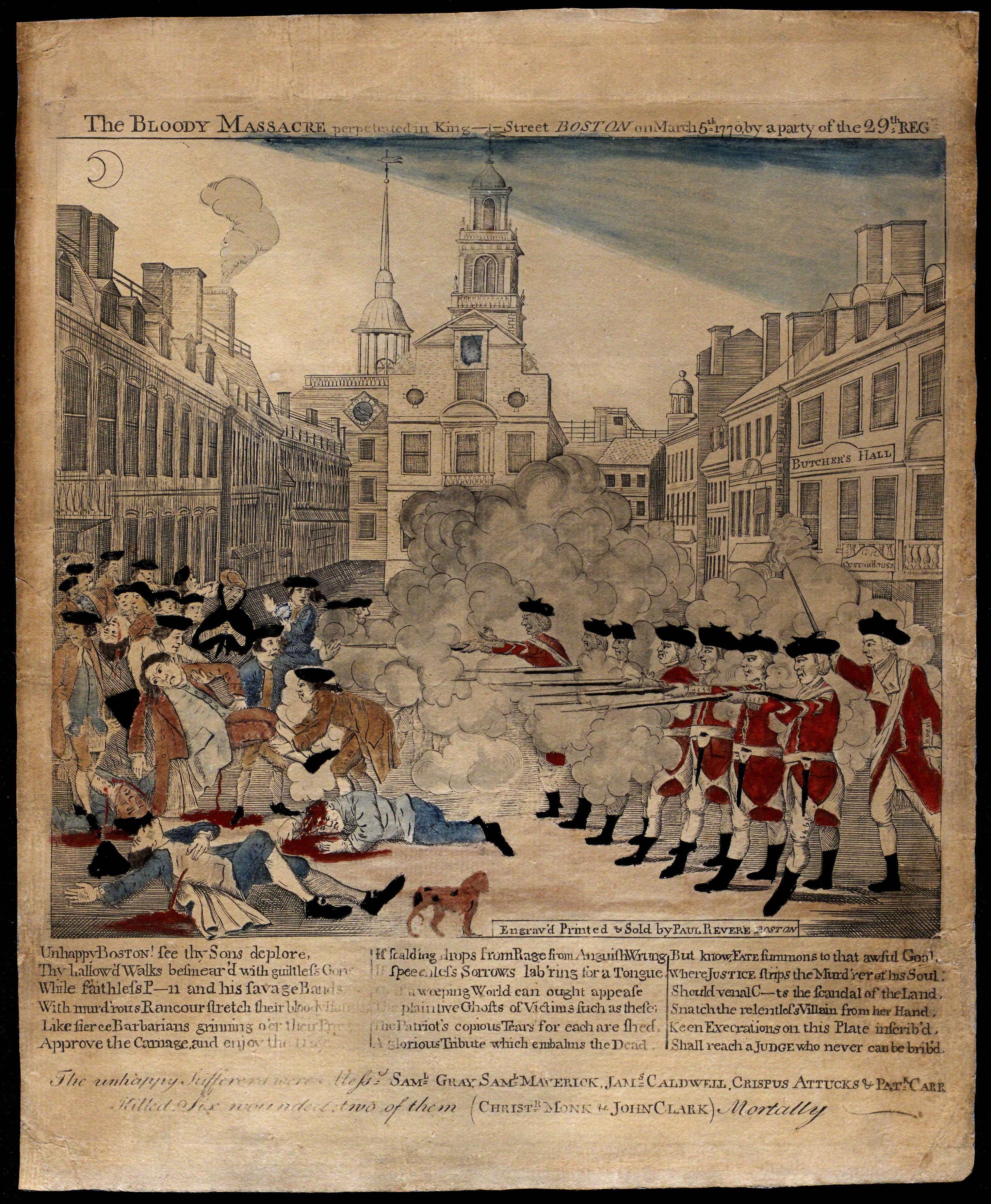 Print depicting the Boston Massacre, engraved by Paul Revere in 1770. This image was meant to inspire anger toward the British soldiers, who are seen here firing upon the helpless American colonists. (The Gilder Lehrman Institute, GLC01868)