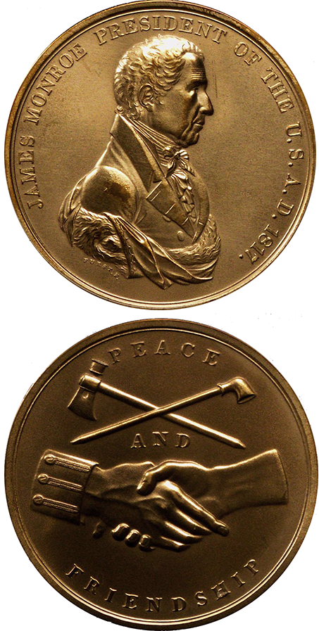 "Indian peace medals," like this one from 1817 created during James Monroe's presidency, were given to American Indian leaders on important diplomatic occasions such as treaty signings and visits to the US capital. (The Gilder Lehrman Institute, GLC02768.02)