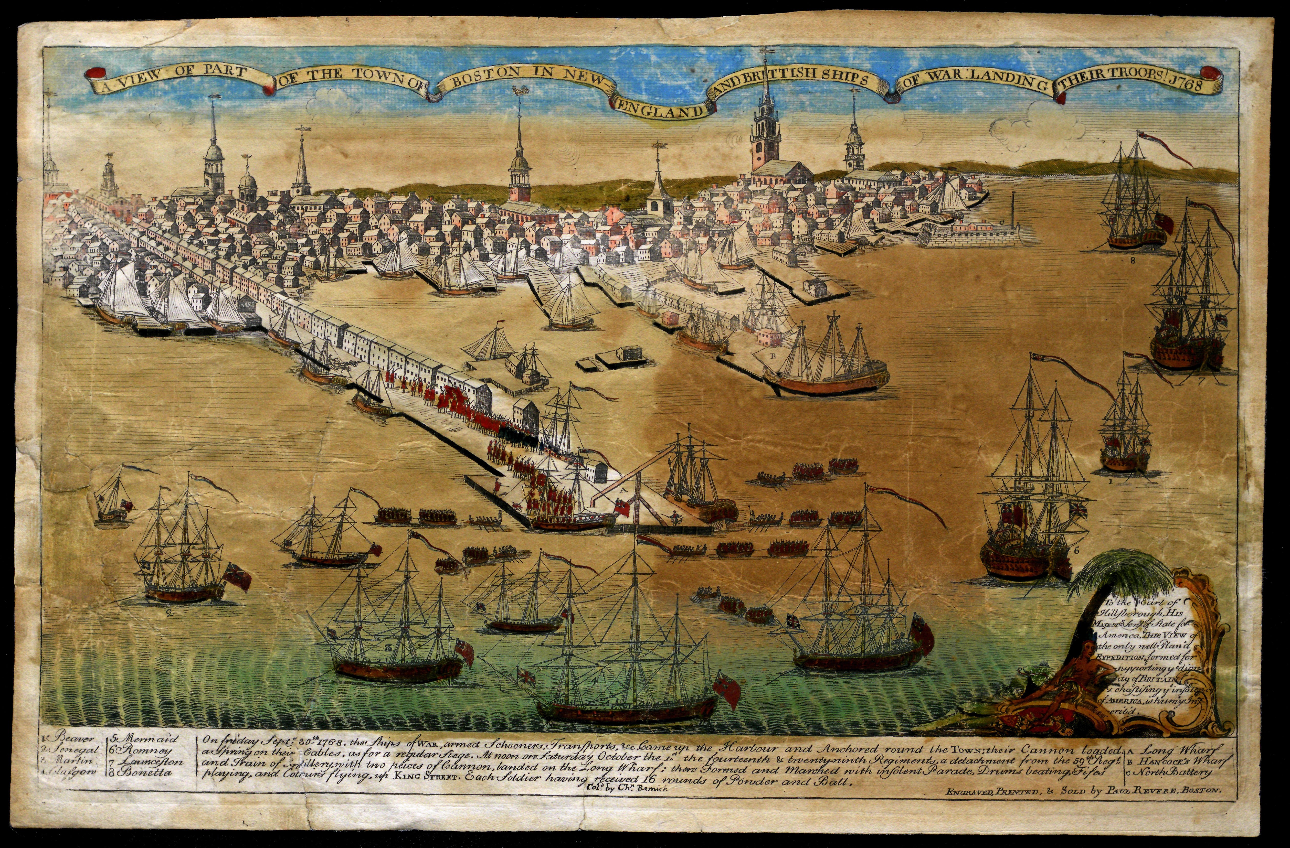 Print of British war ships landing in Boston in 1768, shortly before the Revolutionary War. This image was used to illustrate the invasion of British troops into the colonies shortly after the Boston Massacre. Engraved by Paul Revere, May 1770. (The Gilder Lehrman Institute, GLC02873)