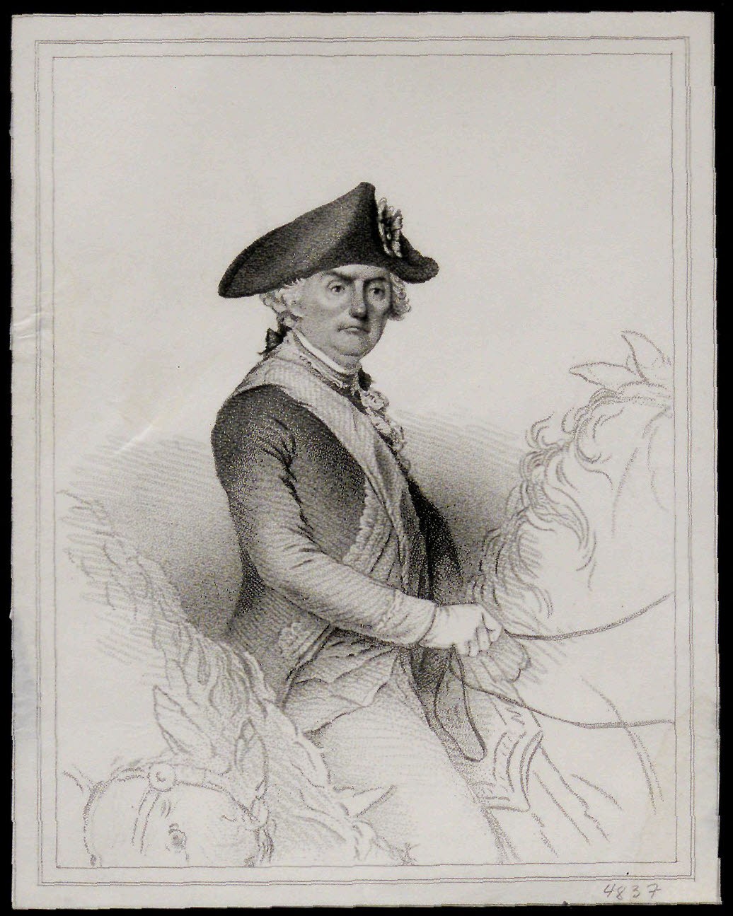 Print of General John Rochambeau on horseback. Rochambeau was a French ally to the American cause and a key figure in the Battle of Yorktown. Artist and date of creation unknown. (The Gilder Lehrman Institute, GLC04837.02)
