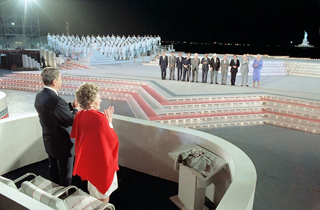 Ronald Reagan awarding Medals of Liberty, July 3, 1986. A dozen exemplary immigrant Americans were honored at this one-time ceremony to celebrate the centennial of the Statue of Liberty. From the left, I. M. Pei is third and An Wang is fifth. (Courtesy of the Ronald Reagan Library)