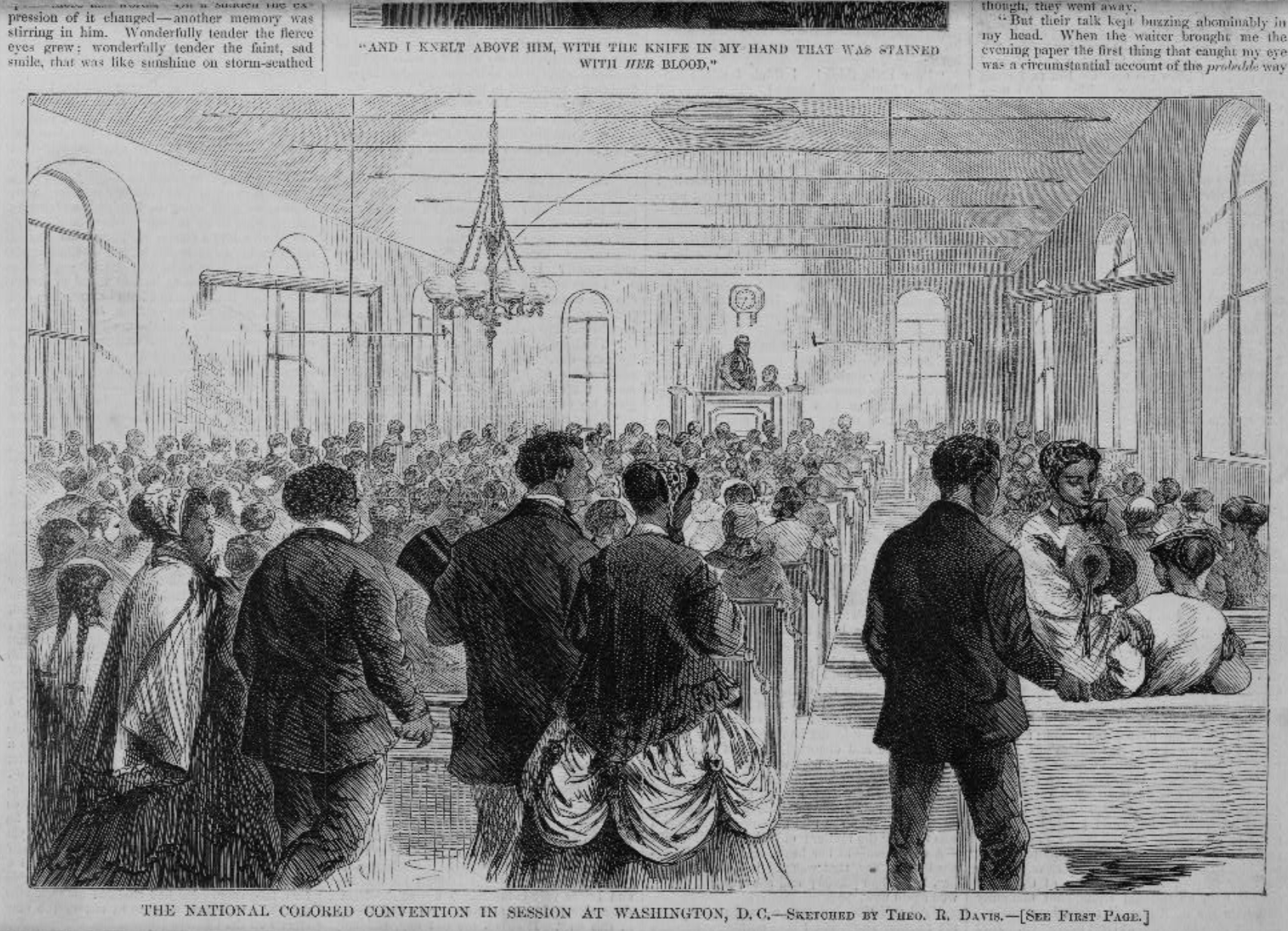 Black and white sketch. People standing in a large hall facing a man speaking at the podium. "The National Colored Convention in session at Washington, D.C." Sketched by Theo. R. Davis. Printed in Harper's Weekly, February 8, 1868.