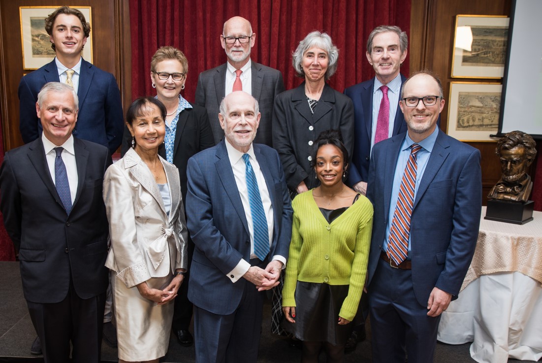Laureates Jon Meacham (lower left) and Jonathan W. White (lower right) with, among others, James Basker (upper right), Student Advisory Council members Samaria Noel (next to Jonathan W. White) and Spencer Segura, Jr. (behind Jon Meacham)