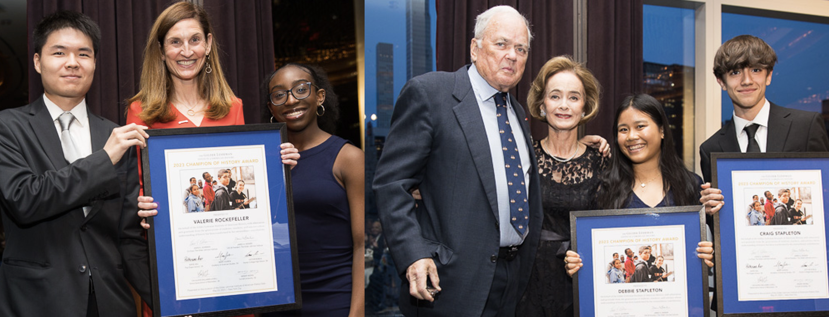 Left: Valerie Rockefeller with SAC alum Kenneth Wong (Cornell University '23) and SAC member Cai-Alexis Williams-Lovell (Notre Dame School of Manhattan); Right: Craig Stapleton, Debbie Stapleton, Katie Hsu (Chapin School), and Victor Robila (Hunter College High School)