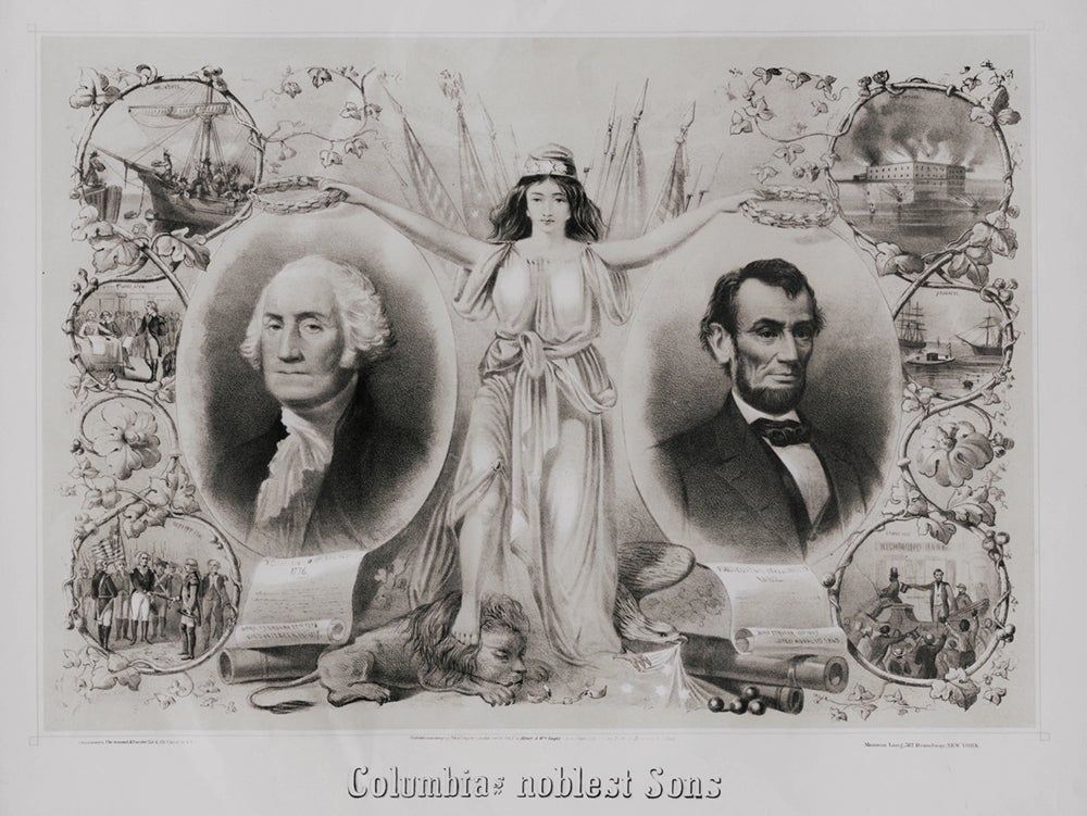 "Columbia's Noblest Sons," engraving printed by Kimmel and Forster, New York, 1865 (The Gilder Lehrman Institute, GLC02697)