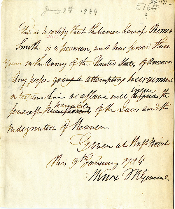 Henry Knox certifies the Romeo Smith is a free man, January 9, 1784 (The Gilder Lehrman Institute, GLC02437.02929)