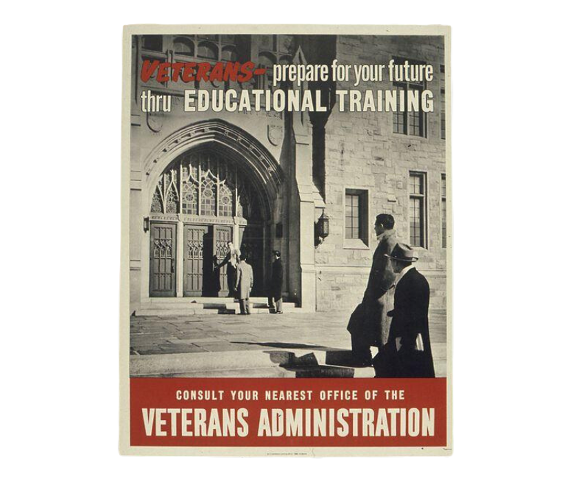 WWII-era Poster from the Veterans Administration showing a college campus building with tagline to 'prepare for your future thru Educational Training'