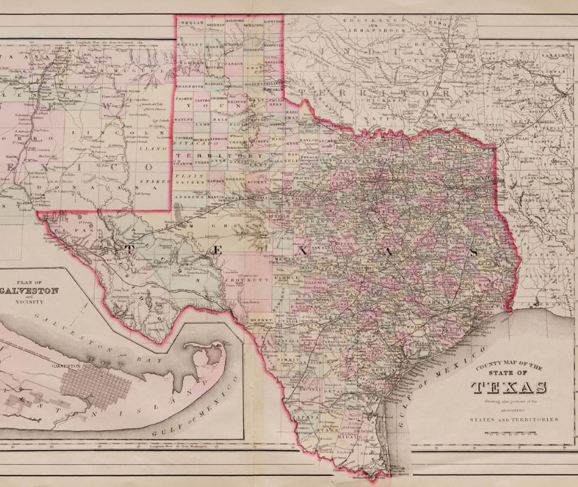Map from 1887 showing Texas outlined in red