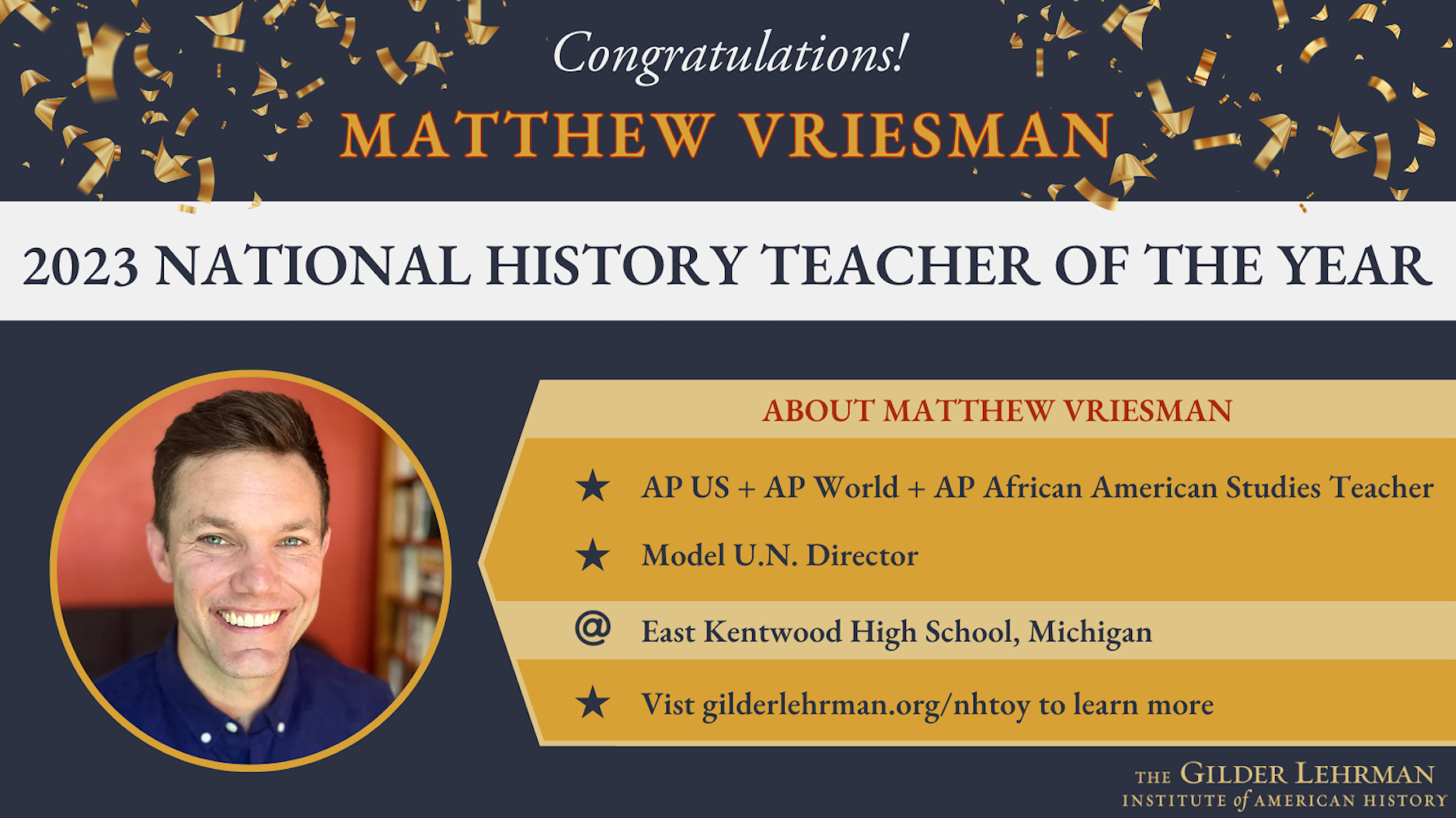 Matthew Vriesman, 2023 National History Teacher of the Year