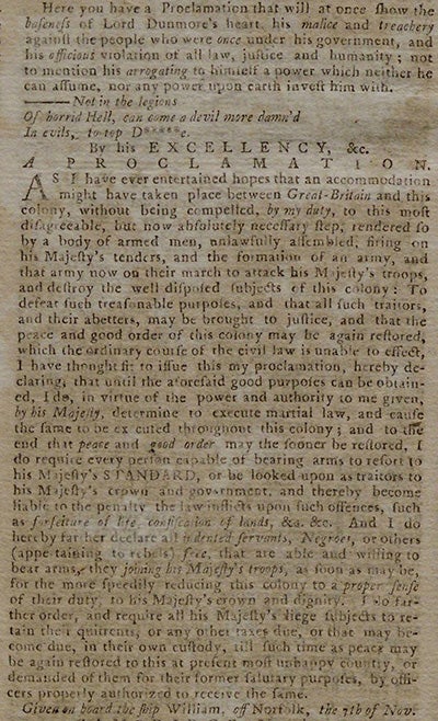 Reprinting of Dunmore’s Proclamation of November 7, 1775, in the Pennsylvania Journal and Weekly Advertiser, December 6, 1775. (The Gilder Lehrman Institute, GLC01706)