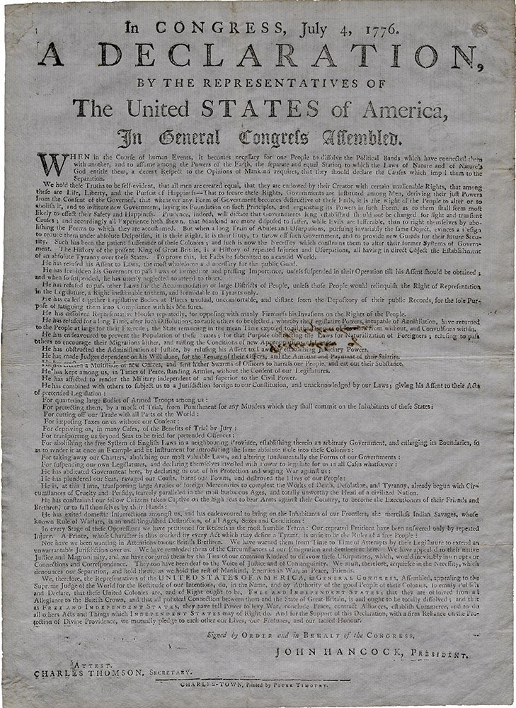 The Declaration of Independence, printed by Peter Timothy, Charleston, South Carolina, August 1776 (The Gilder Lehrman Institute, GLC000959)