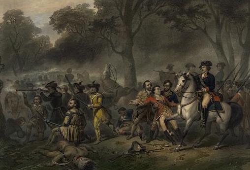 Battle scene from the American Revolution with George Washington and others. LOC2466