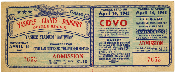 Unused ticket from a 1943 double feature with the Yankees, Gians, and Dodgers