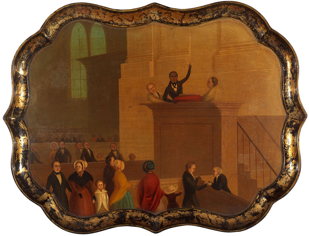 Decorative tray depicting the Rev. Lemuel Haynes at the pulpit, oil paint on papier-mâché, ca. 1835-1840 (RISD Museum)