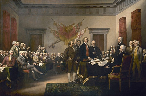 John Trumbull, Declaration of Independence, oil on canvas, 1818; placed in the Rotunda of the US Capitol, 1826 (Architect of the Capitol)