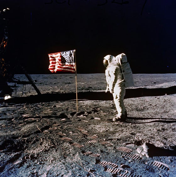Buzz Aldrin with the American flag on the Moon, July 20, 1969. (NASA)