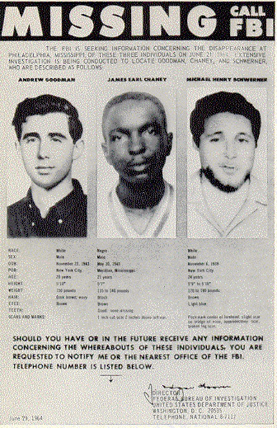 FBI poster of missing civil rights workers Michael Schwerner, Andrew Goodman, and James Chaney, 1964 (Federal Bureau of Investigation)