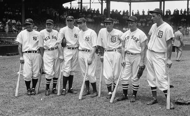 Major League All-Stars in Washington DC on July 7, 1937: (from left to right) Lou Gehrig, Joe Cronin, Bill Dickey, Joe DiMaggio, Charley Gehringer, Jimmie Foxx, and Hank Greenberg. Photographed by Harris & Ewing. (Library of Congress)