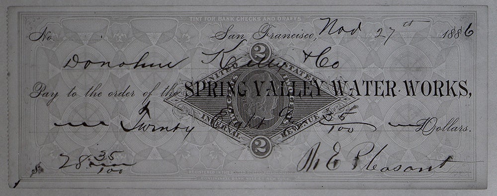 A check signed by Mary Ellen Pleasant to the Spring Valley Water Works, November 27, 1886. (Miriam Matthews Photograph Collection, OpenUCLA Collections)