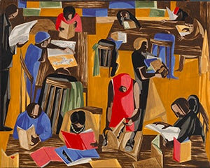 This work possibly represents the Schomburg Library, where Lawrence conducted much of his research. Jacob Lawrence, The Library, 1960, tempera on fiberboard, 24 x 29 7/8 in. (60.9 x 75.8 cm.), (Smithsonian American Art Museum, Gift of S.C. Johnson & Son, Inc., 1969.47.24)