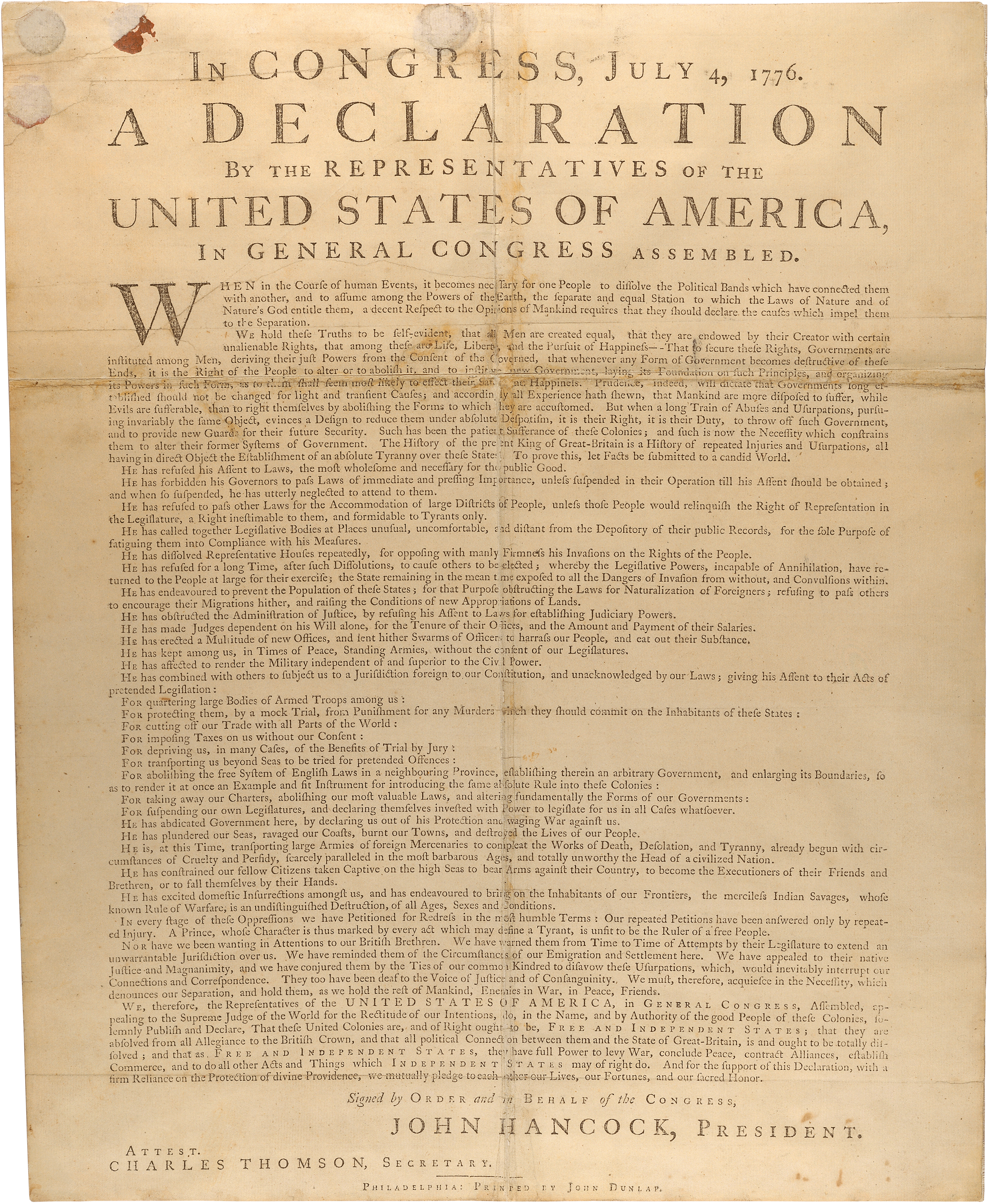 1776 printing of the Declaration of Independence