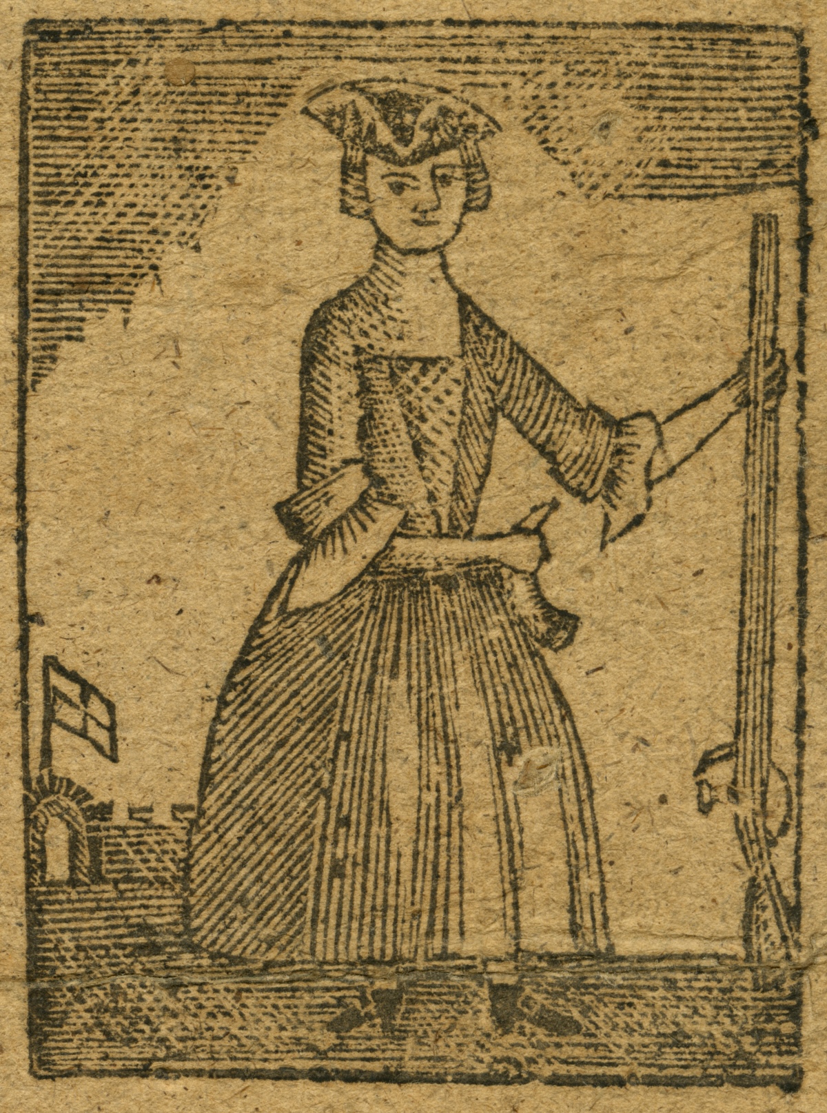 Woodcut of a colonial woman with a sly smile, holding a rifle
