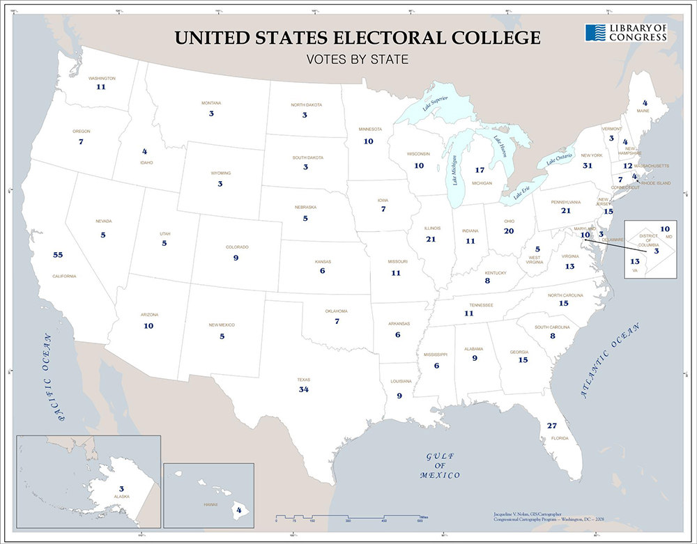 United States Electoral College, Votes by State, a map by Jacqueline V. Nolan, Washington DC: Congressional Cartography Program, 2008 (Library of Congress)