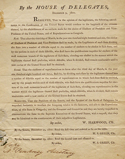 Maryland House of Delegates, Resolutions for Amending the US Constitution on Election of the President, December 9, 1800. (The Gilder Lehrman Institute, GLC00927.02)