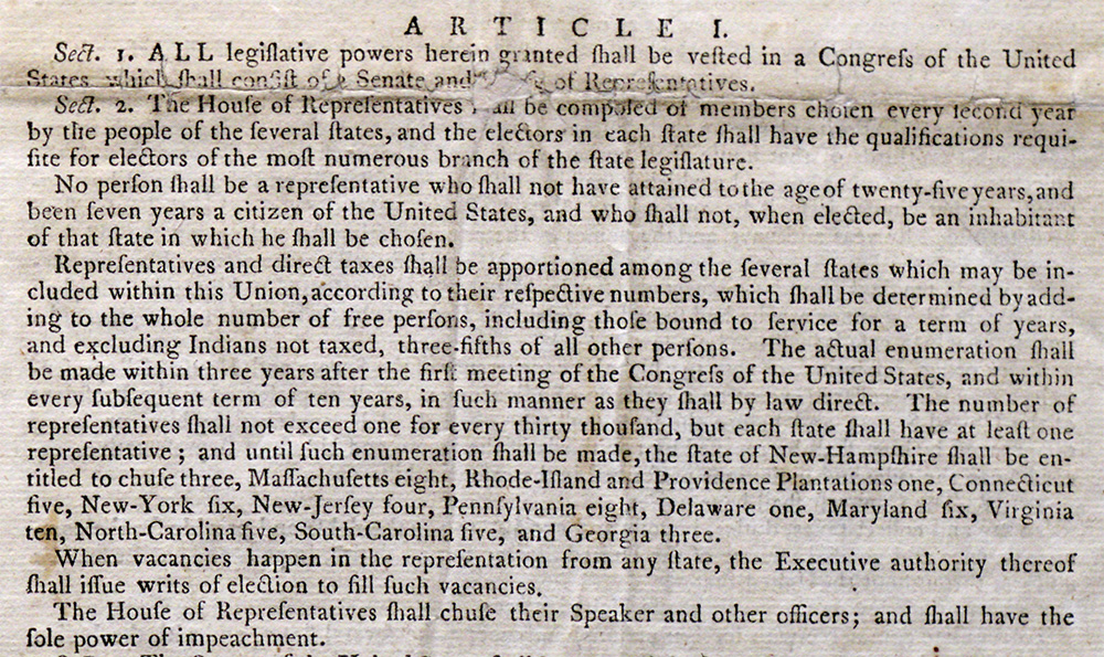 The three-fifths compromise, Article I, Section 2 of the US Constitution, printed by Dunlap and Claypoole, Philadelphia, Pennsylvania, September 17, 1787 (The Gilder Lehrman Institute, GLC03585)