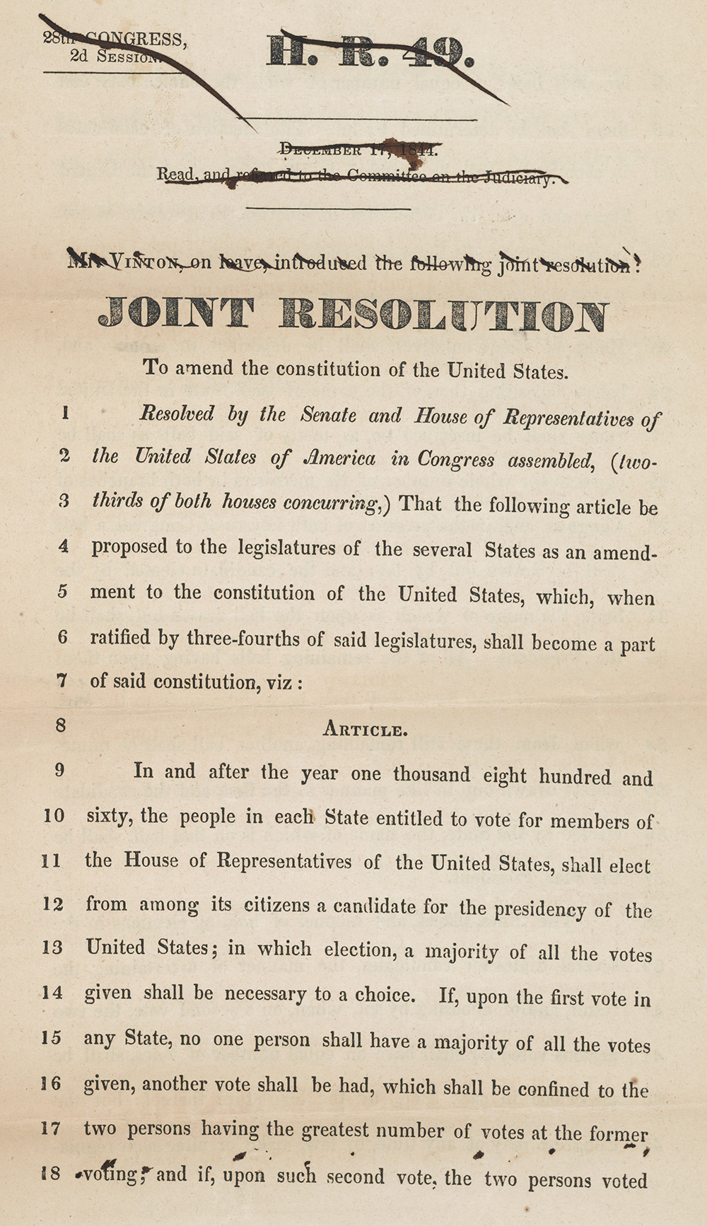House Joint Resolution  8 proposing a constitutional amendment to elect the president by lot, January 13, 1846 (National Archives)