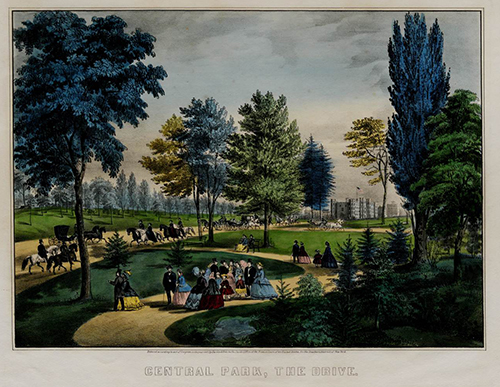 Currier & Ives print of "Central Park, The Drive," showing pedestrians, carriages, and horseback riders, New York, 1862 (The Gilder Lehrman Institute, GLC03566)