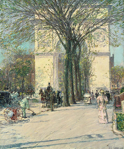 Childe Hassam’s painting “Washington Arch, Spring,” depicting Washington Square Park at the southern end of Fifth Avenue, ca. 1893 (The Phillips Collection)