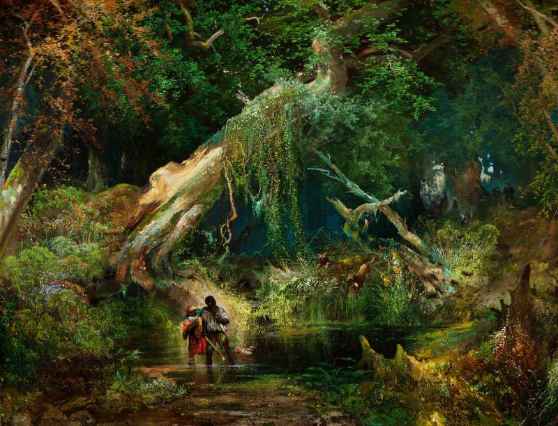 Thomas Moran, “Slave Hunt, Dismal Swamp, Virginia,” oil on canvas, 1861–1862 (Philbrook Museum of Art)