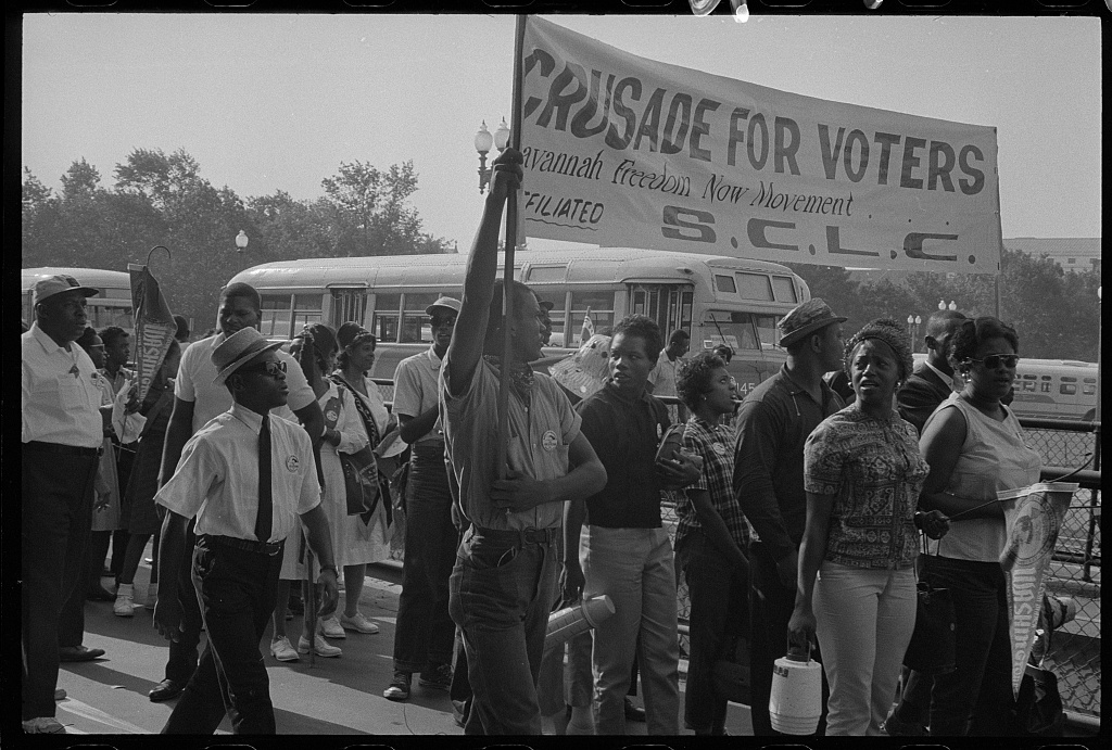 Marchers with SCLC sign for the Savannah Freedom Now Movement, during the March on Washington, 1963